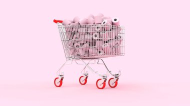 Tuvalet kağıdı dolu alışveriş arabası. Beyaz arka plan. 3B.