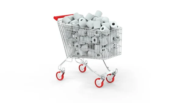 Shopping Cart Full Toilet Paper White Background Rendering — Stock Photo, Image