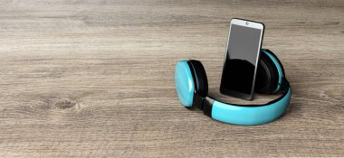 ahşap masada bluetooth kulaklıklı akıllı telefon - 3D görüntüleme