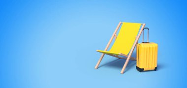 Güverte sandalyesi ve bavulu olan pankart mavi arkaplanda 3B görüntüleme