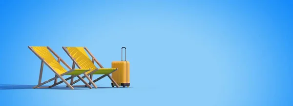 デッキチェア スーツケース ヤシの木のあるバナー3Dレンダリング — ストック写真