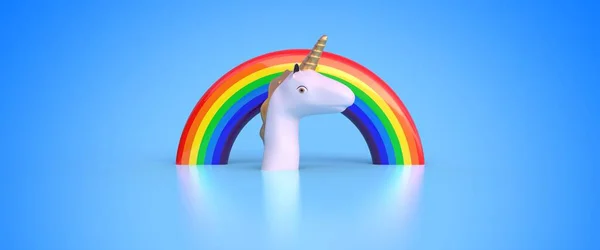 Cabeza Unicornio Arco Iris Sobre Fondo Azul Representación — Foto de Stock