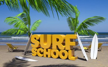 Sörf tahtalı ve palmiye ağaçlı sörf okulu metni 3D