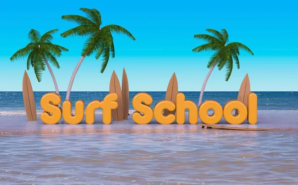 surf school text with surf boards and palm trees 3D rendering