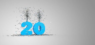 20 yıl, mavi metin, gri arkaplan 3D görüntüleme