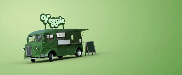 Vegetariánské Jídlo Truck Zeleném Pozadí Vykreslování — Stock fotografie