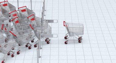 boş alışveriş arabalarıyla süpermarket trafiği sıkışıklığı 3D görüntüleme