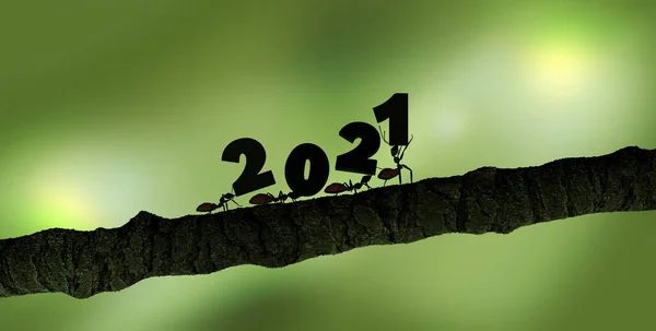 Ants Lifting 2021 Numbers Green Background Rendering — Stock Photo, Image