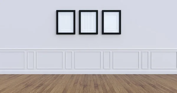 白い壁の3Dレンダリング上の3枚の画像フレーム — ストック写真
