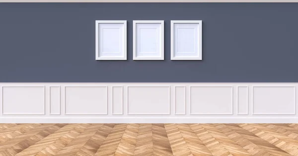 ダークブルーの壁に3枚の画像フレーム3Dレンダリング — ストック写真