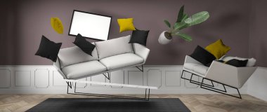 Mobilyalar 3 boyutlu bir dairede havaya kalkıyor.