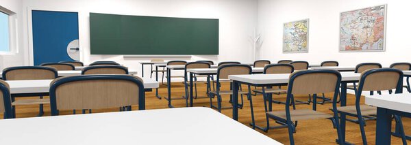 back to school empty classroom 3D rendering