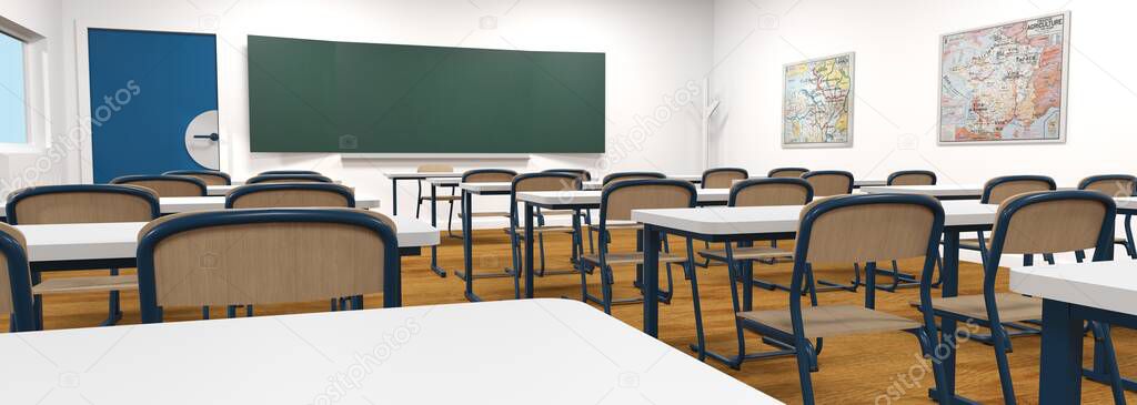 back to school empty classroom 3D rendering