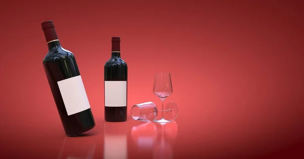 Wine Bottle Glasses Red Background Rendering — Stock Photo, Image