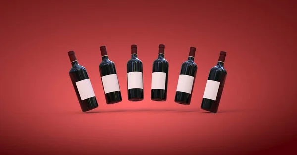 Six Wine Bottles Red Background Rendering — Stock Photo, Image