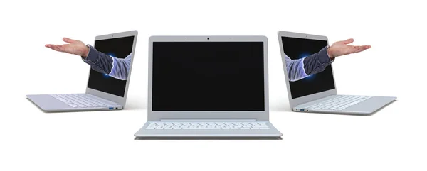 Mock Laptop Aberto Com Braços Humanos Fundo Branco Renderização — Fotografia de Stock