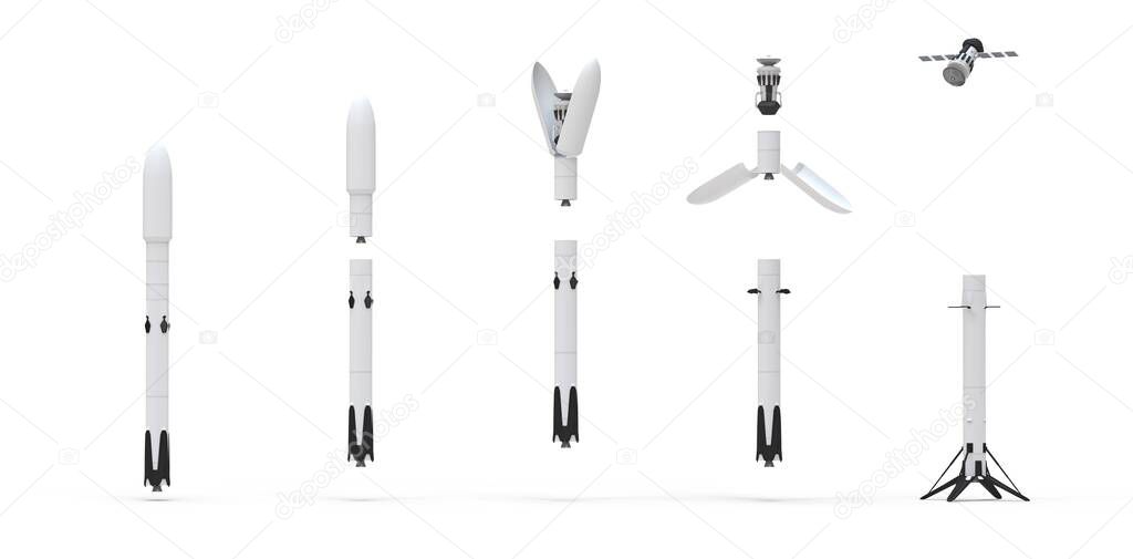 rocket launching satellite white background 3D rendering
