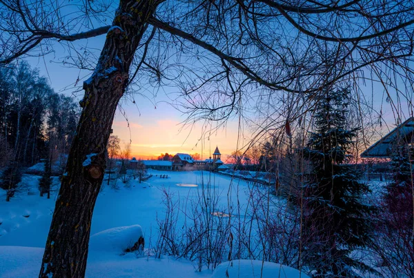 Winter sunrise over a snow-covered lake in the park