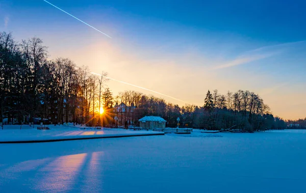 Lever Soleil Hiver Sur Lac Enneigé Dans Parc — Photo