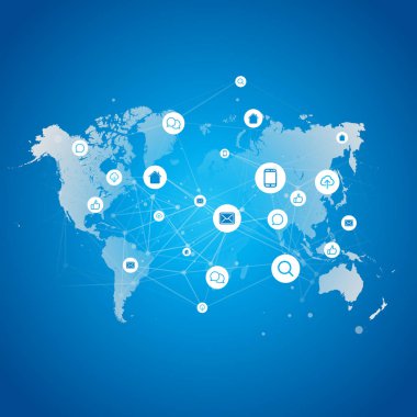 Dijital Ağ bağlantıları, teknoloji vektör tasarım - şeylerin, Internet bulut bilgisayar tasarım konsepti ile dünya harita arka plan üzerinde kutsal kişilerin resmi