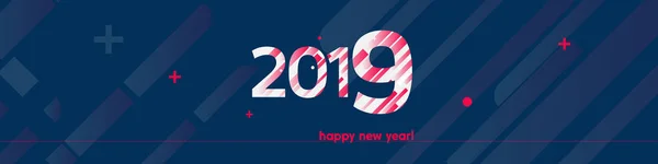快乐的新年2019度矢量插图 大胆的文字与广泛的创意设计在深蓝色背景 明亮的蓝色和白线 加上标志 — 图库矢量图片