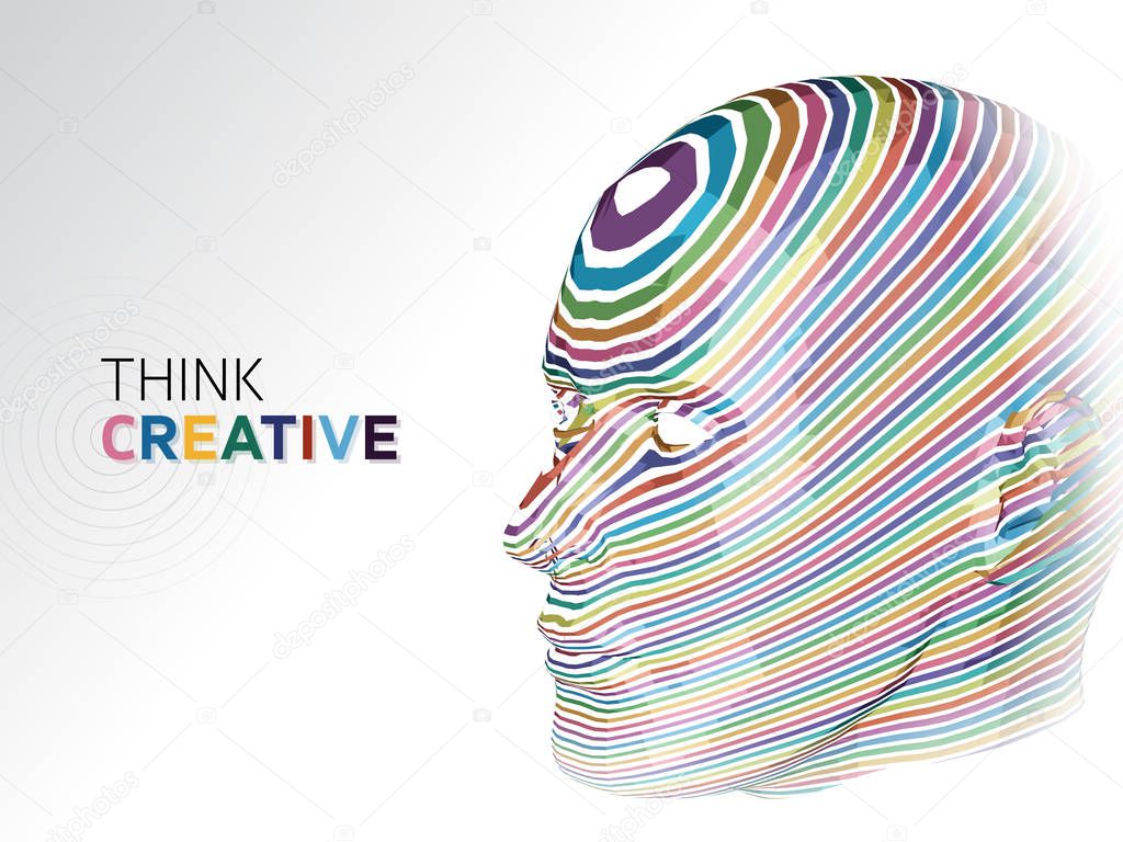Think Creative Vector Background - 3D Head with Colored Stripes Illustration
