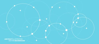 Üst üste binen daireler, noktalar ve çizilmiş dairelerle soyut vektör çizimi. Bilim ve bağlantı konsepti. Geniş molekül yapısı arkaplanı.