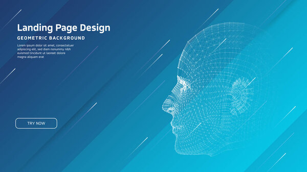Minimal geometric background. Landing page design template. Artificial intelligence with 3D Robot mesh head composition. EPS10 vector