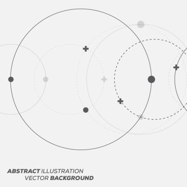 Üst üste binen daireler, noktalar ve çizilmiş dairelerle soyut vektör çizimi. Bilim ve bağlantı konsepti. Geniş molekül yapısı arkaplanı.