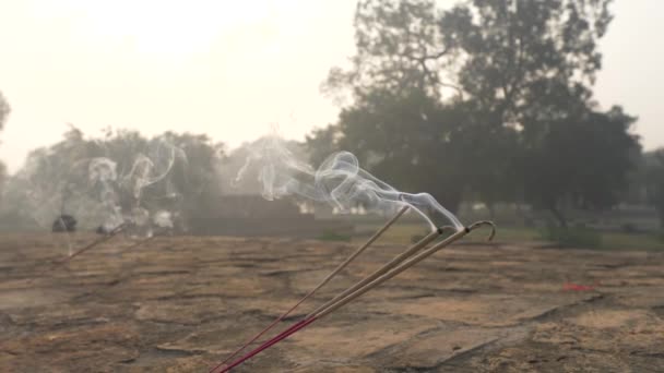 Queimar Palitos Incenso Com Fumaça Aromática Câmera Lenta — Vídeo de Stock