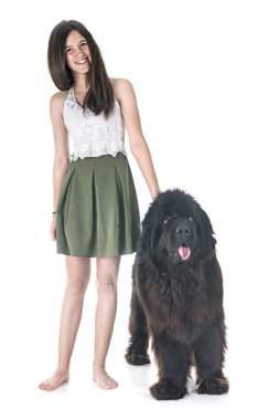 Newfoundland köpeği ve beyaz arka plandaki kadın