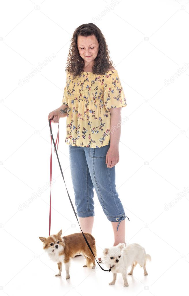 woman and chihuahuas in front of white background