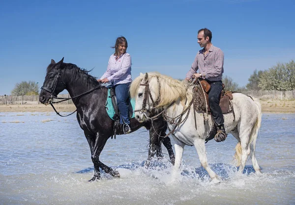 Vrouw Man Rijden Met Haar Hengst Het Strand — Stockfoto