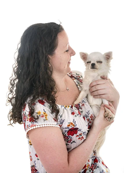 Mujer Chihuahua Delante Fondo Blanco —  Fotos de Stock