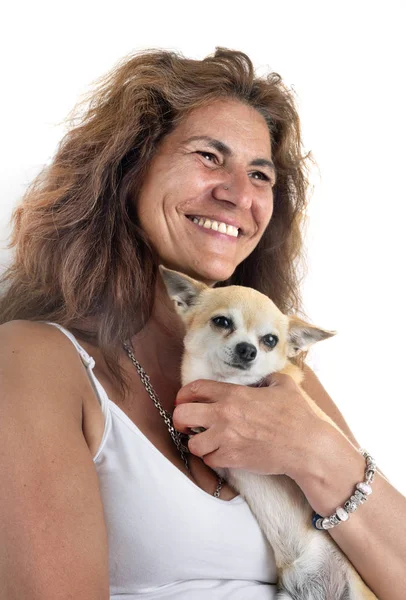 Frau Und Junger Chihuahua Vor Weißem Hintergrund — Stockfoto