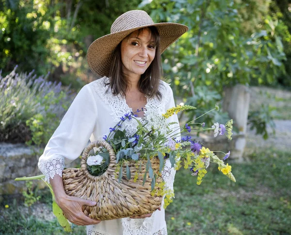 Mulher Coletando Plantas Para Tinturas Plantas Óleos Essenciais — Fotografia de Stock