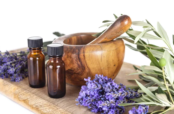 Lavanda Óleos Essenciais Frente Fundo Branco — Fotografia de Stock