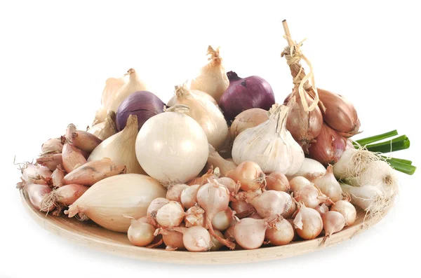 Onion Shallots Garlic Front White Background — Stock Photo, Image