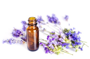 Lavanta ve beyaz arka plan önünde uçucu yağlar