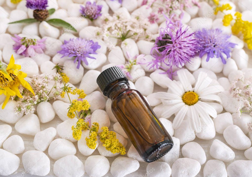 essential oils and flower in front of white background