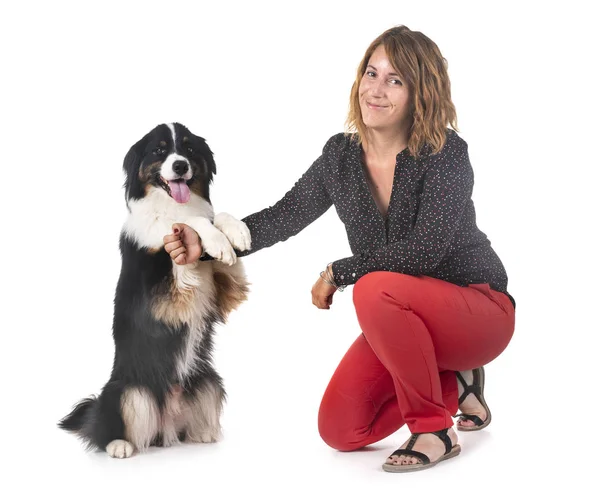 Australian Shepherd Woman Front White Background — Stock Photo, Image