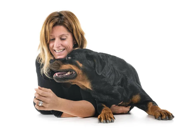 Rottweiler Razza Donna Davanti Sfondo Bianco — Foto Stock