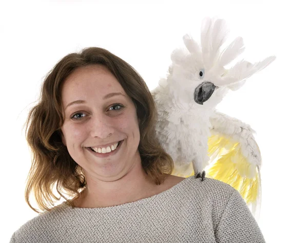 White cockatoo and woman — Stock Photo, Image