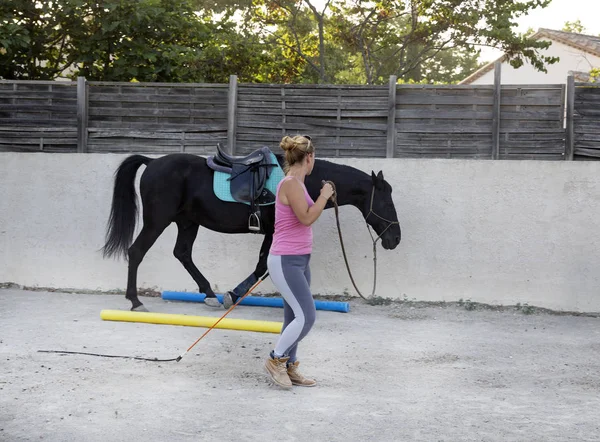 Chica montando y caballo — Foto de Stock