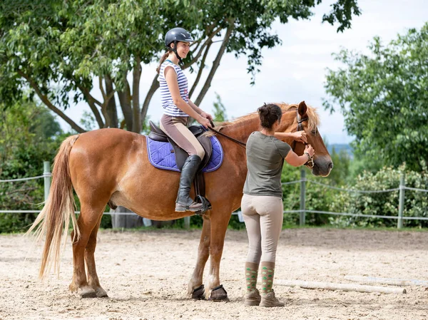 Koni Dívka Trénují Svého Koně Jezdeckém Centru — Stock fotografie