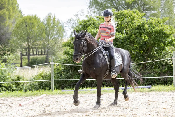 Equitação Menina Estão Treinando Seu Cavalo Equestre Centro — Fotografia de Stock