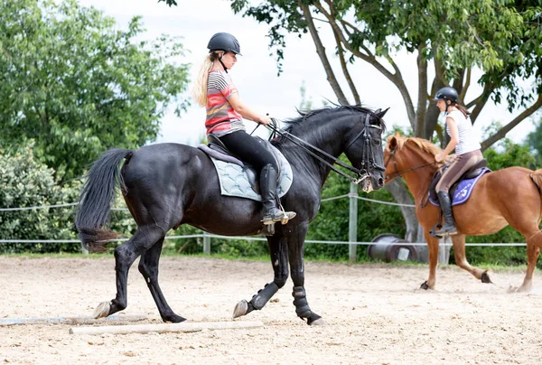 Equitazione Ragazza Sono Formazione Suo Cavallo Nel Centro Equestre — Foto Stock