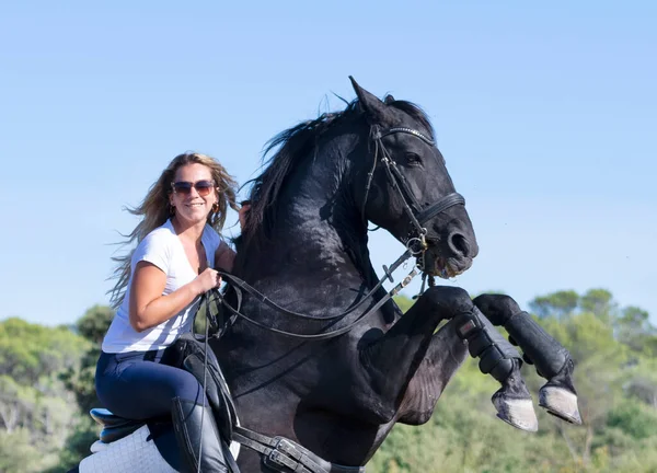 Jazda Dziewczyna Szkolenia Jej Czarny Koń — Zdjęcie stockowe
