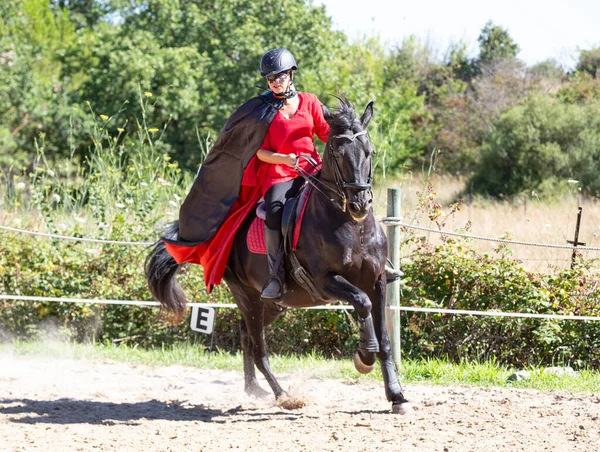 Riding Girl Training Her Black Horse — Stock Photo, Image