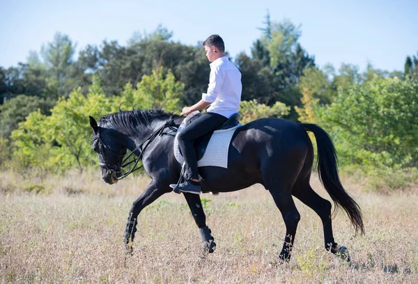 Koni Teenager Trénují Její Černý Kůň — Stock fotografie